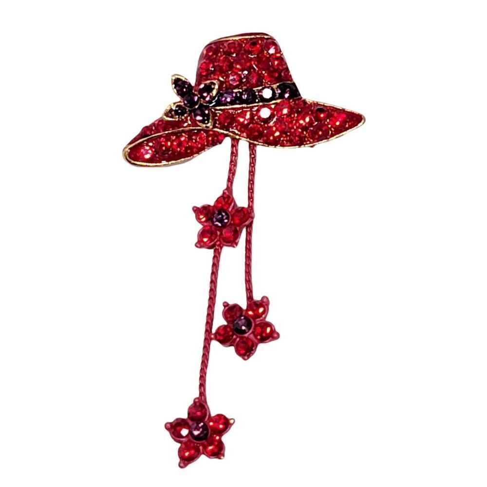 Vintage Red Hat Society Brooch Pin Red & Purple Rhinestones Two Flowered Chords - Picture 2 of 3